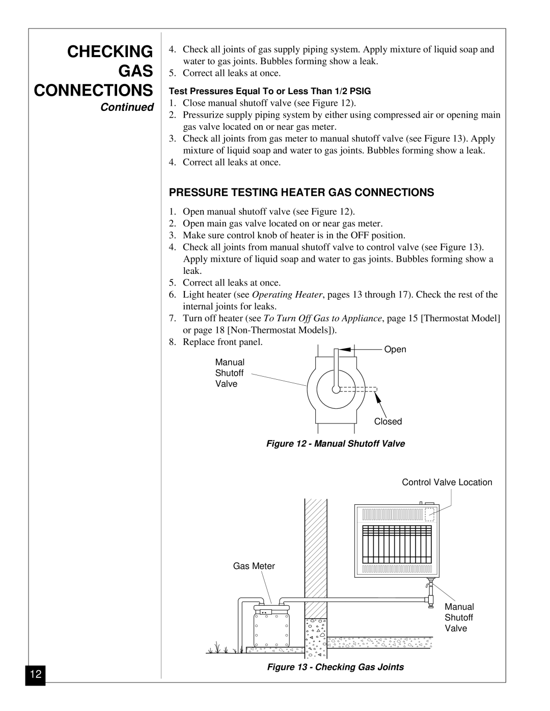 Desa RN30BT installation manual Pressure Testing Heater GAS Connections, Manual Shutoff Valve 