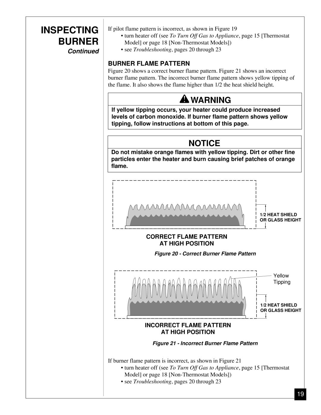 Desa RN30BT Burner Flame Pattern, Correct Flame Pattern AT High Position, Incorrect Flame Pattern AT High Position 