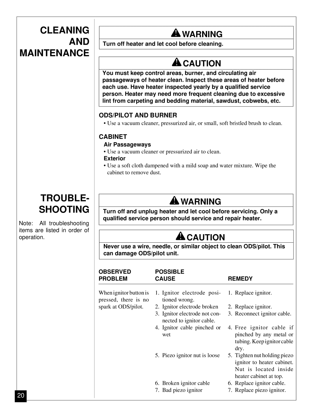 Desa RN30BT installation manual Cleaning and Maintenance Trouble Shooting, ODS/PILOT and Burner, Cabinet 