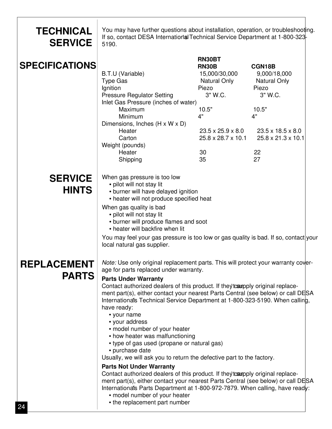 Desa Technical Service, Service Hints Replacement Parts, RN30BT CGN18B, Parts Under Warranty, Parts Not Under Warranty 