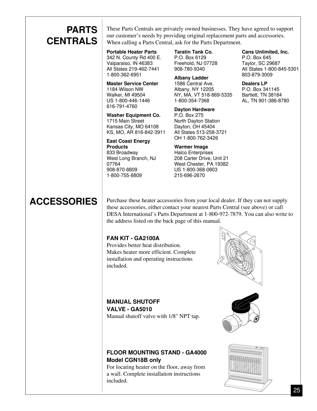 Desa RN30BT installation manual Parts Centrals Accessories, FAN KIT GA2100A, Manual Shutoff, Floor Mounting Stand GA4000 