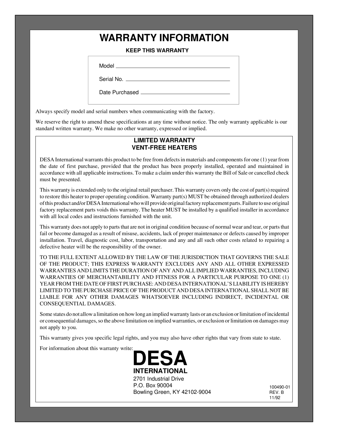 Desa RN30BT installation manual Warranty Information, International, Limited Warranty VENT-FREE Heaters 