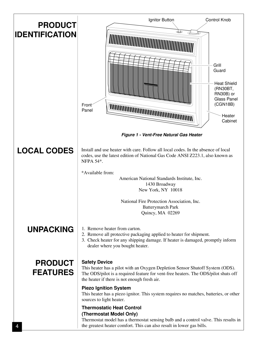 Desa RN30BT installation manual Local Codes Unpacking Product Features, Safety Device, Piezo Ignition System 