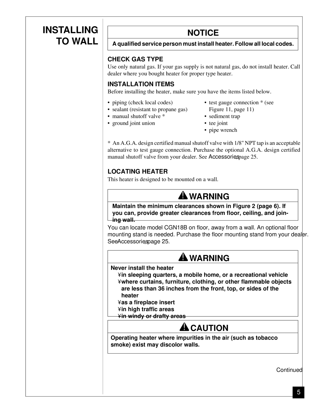 Desa RN30BT installation manual Check GAS Type, Installation Items, Locating Heater 