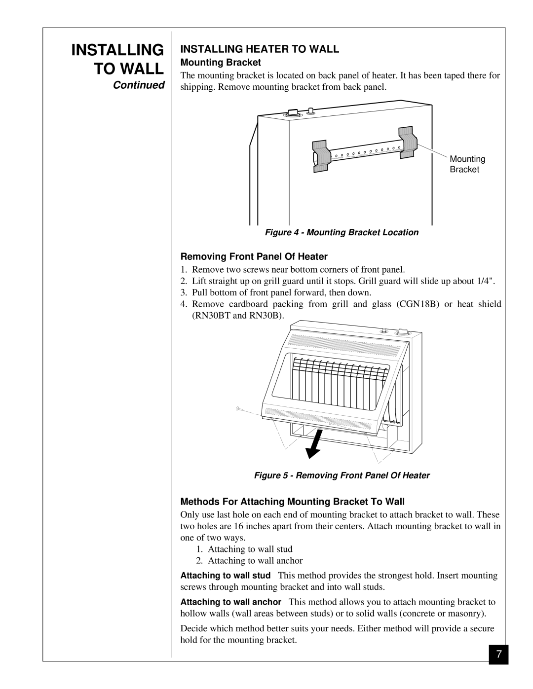 Desa RN30BT installation manual Installing Heater to Wall, Mounting Bracket, Removing Front Panel Of Heater 