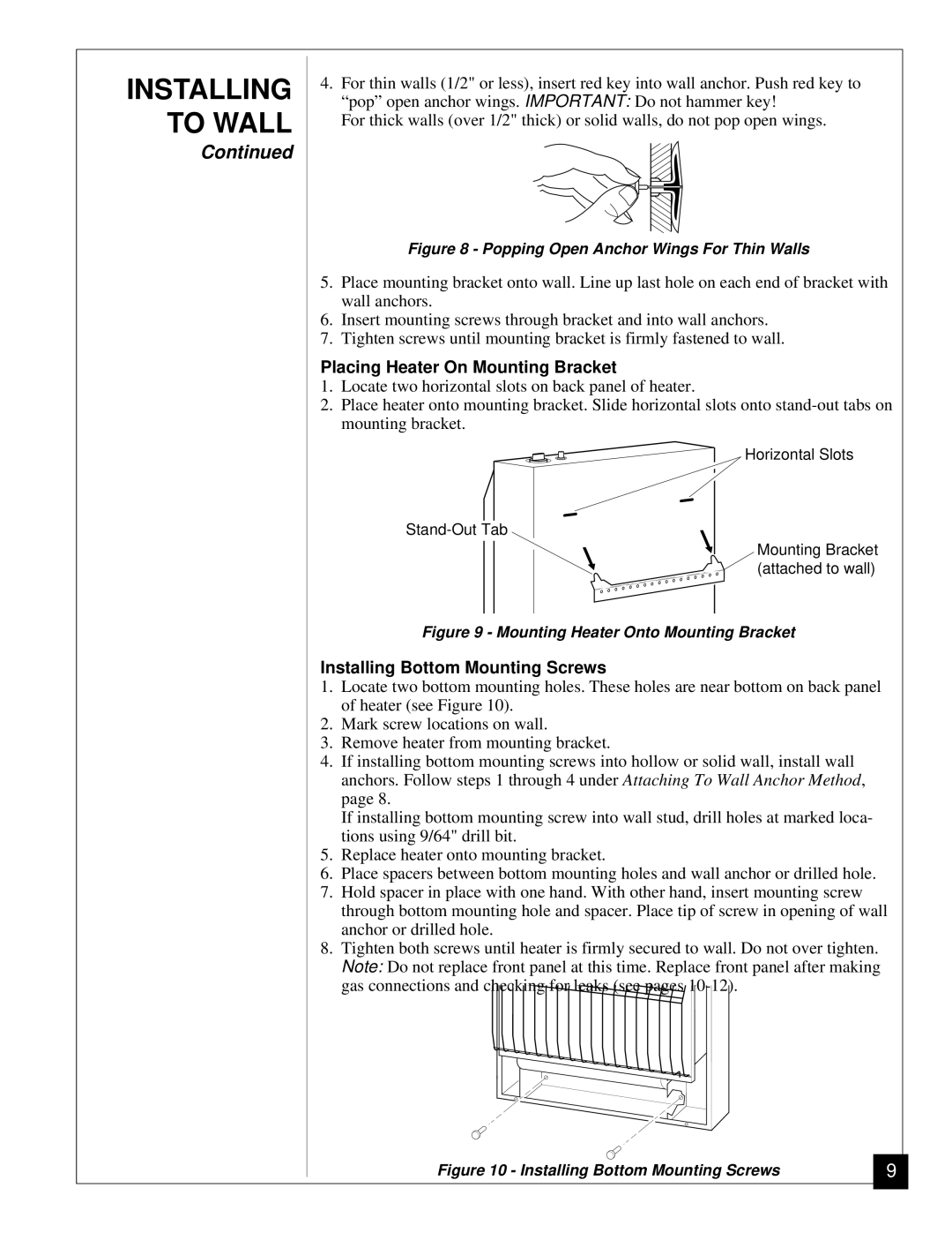 Desa RN30BT installation manual Placing Heater On Mounting Bracket, Installing Bottom Mounting Screws 