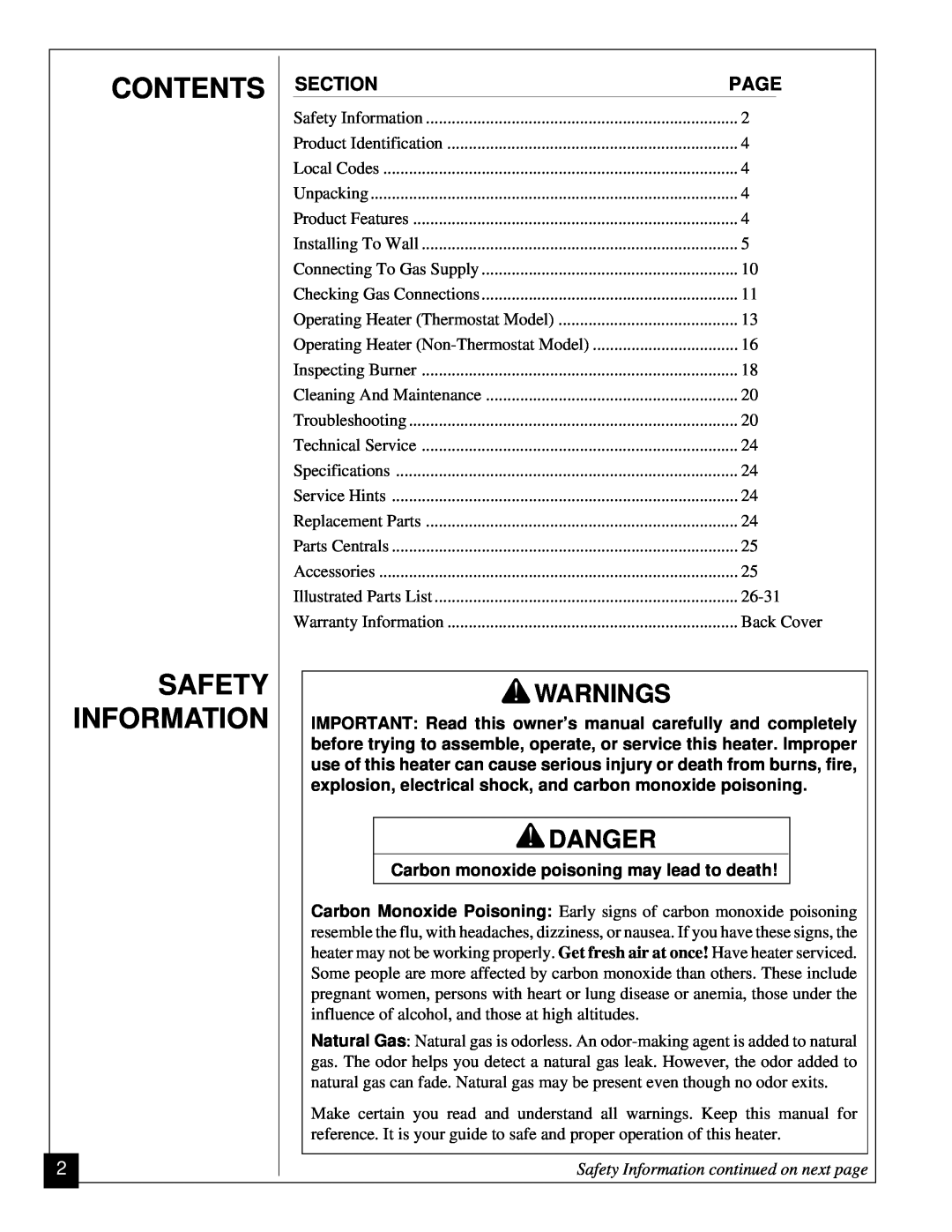 Desa RN30BT installation manual Contents Safety Information, Warnings, Danger, Safety Information continued on next page 