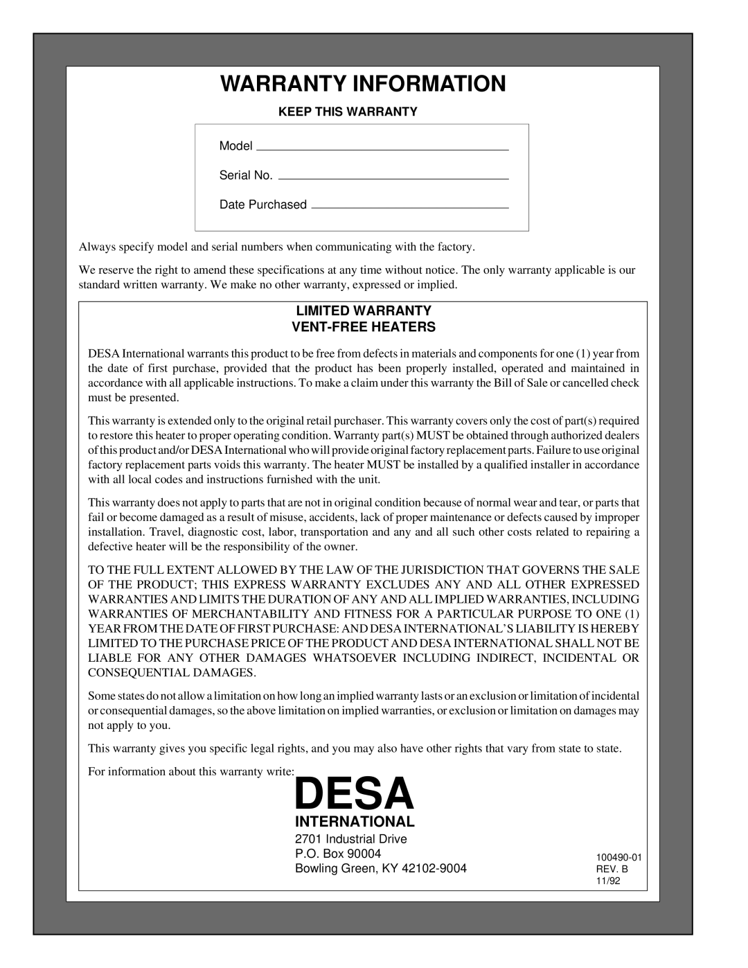 Desa RN30BT installation manual Warranty Information, Desa, Keep This Warranty 