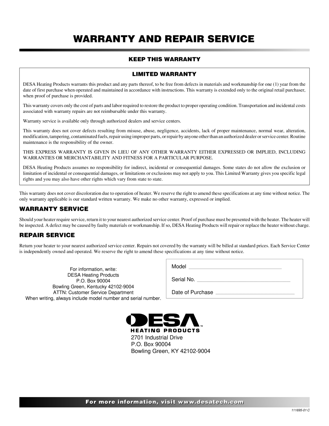 Desa ROPANE CONSTRUCTION CONVECTION HEATER owner manual Warranty Service, Repair Service 