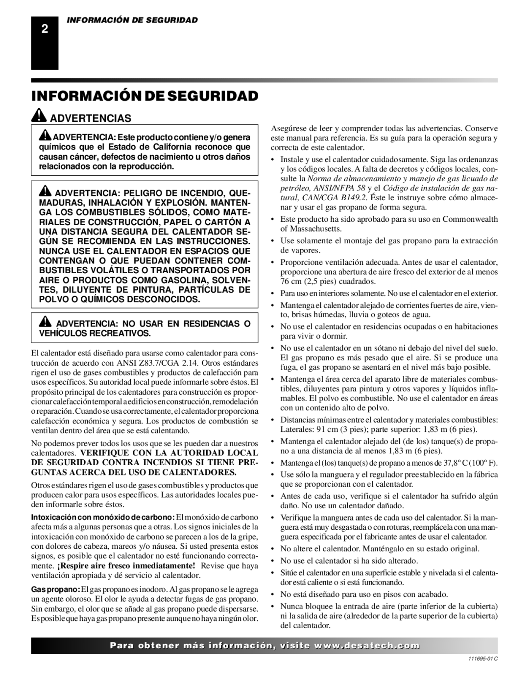 Desa ROPANE CONSTRUCTION CONVECTION HEATER owner manual Información DE Seguridad, Advertencias 