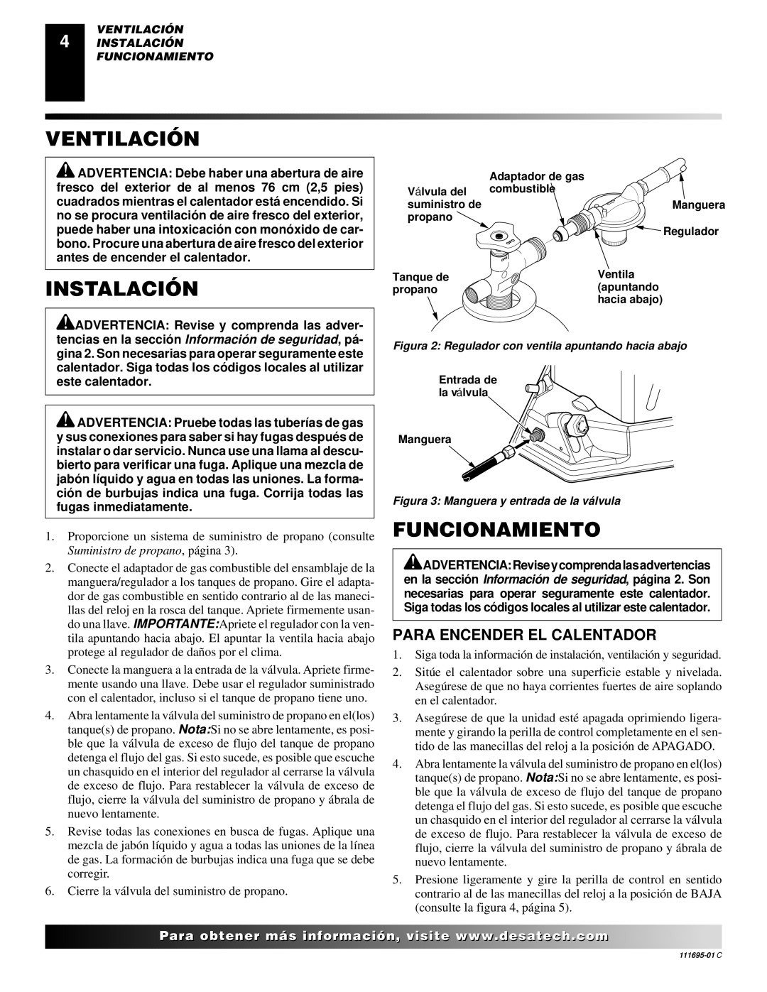 Desa ROPANE CONSTRUCTION CONVECTION HEATER Ventilación, Instalación, Funcionamiento, Para Encender EL Calentador 