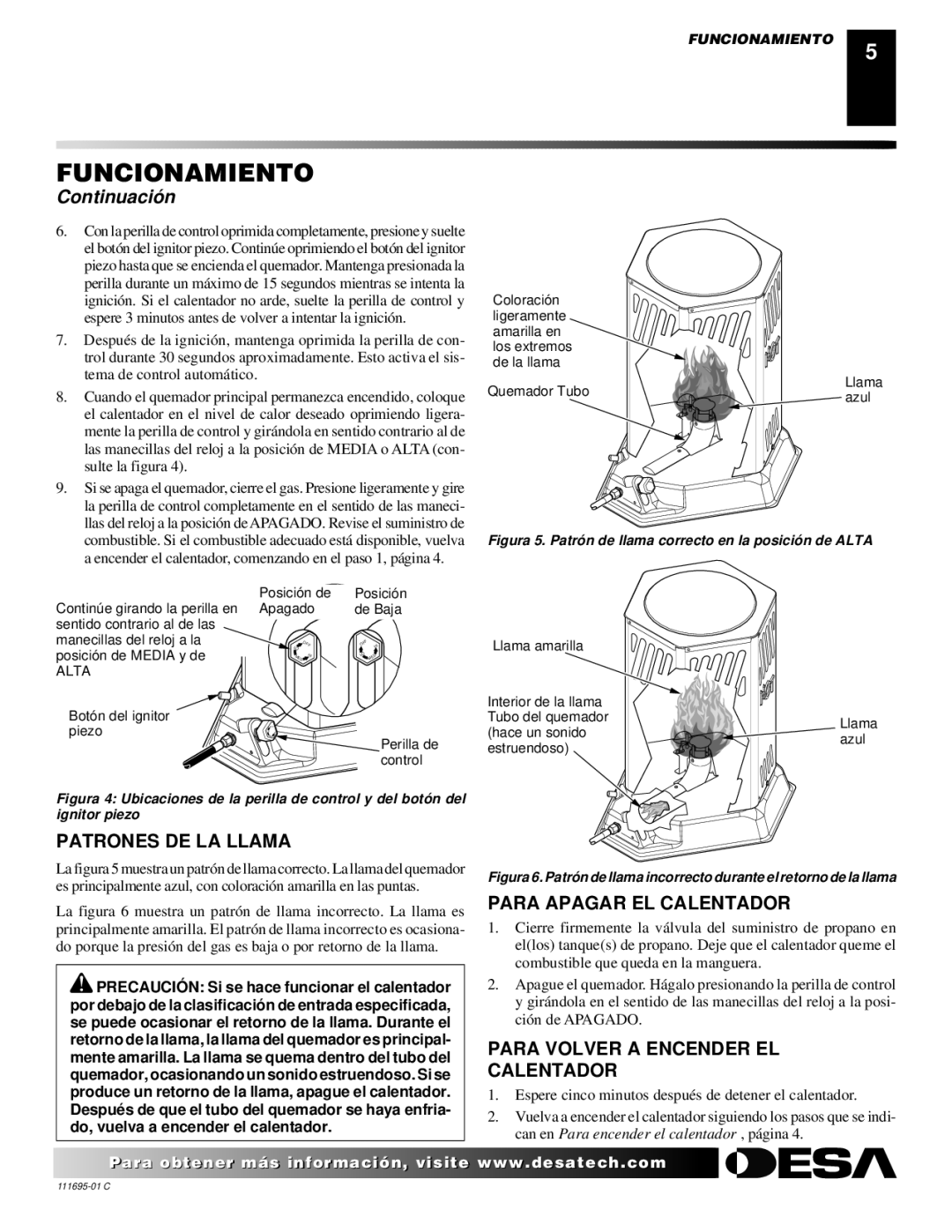 Desa ROPANE CONSTRUCTION CONVECTION HEATER owner manual Patrones DE LA Llama, Para Apagar EL Calentador 