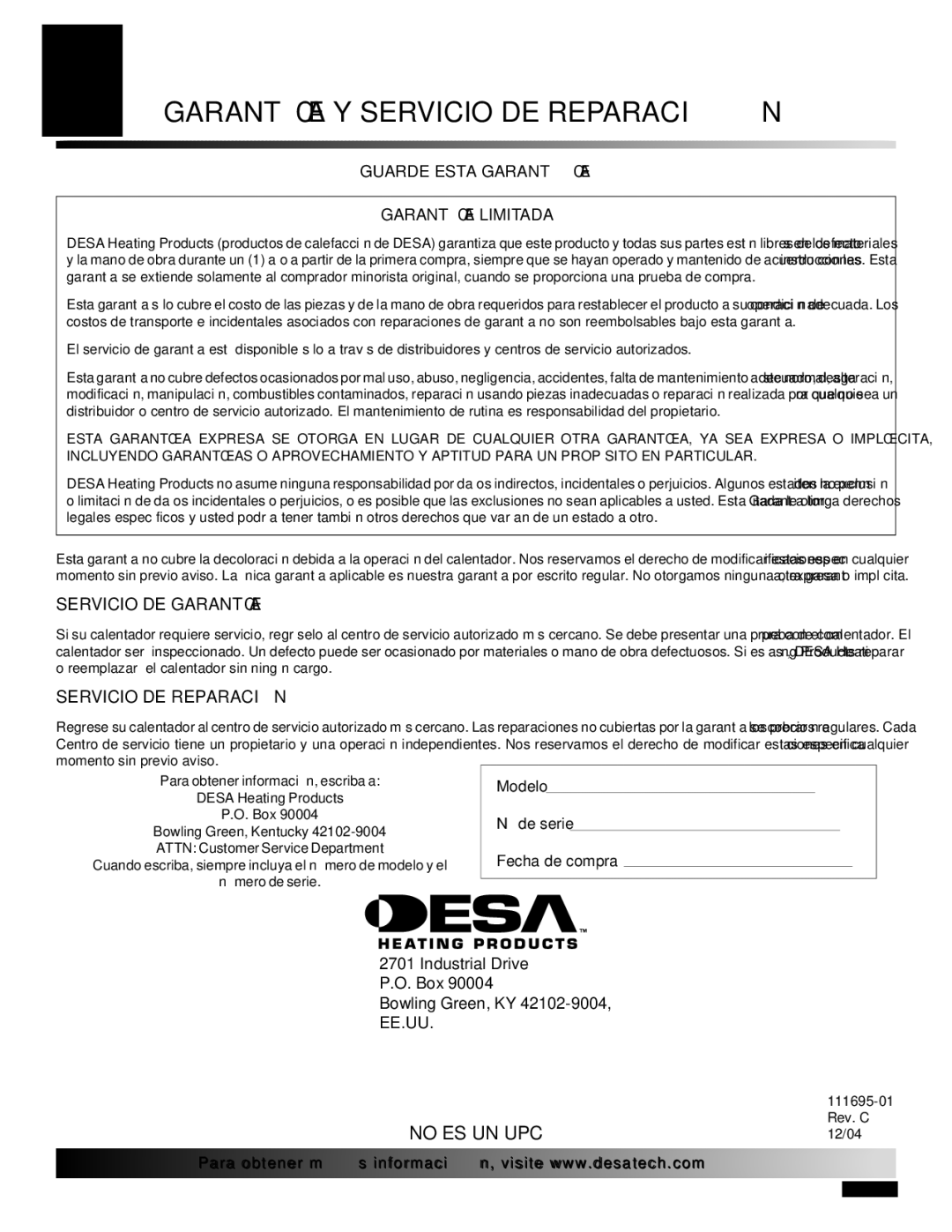 Desa ROPANE CONSTRUCTION CONVECTION HEATER owner manual Servicio DE Garantía, Servicio DE Reparació N 