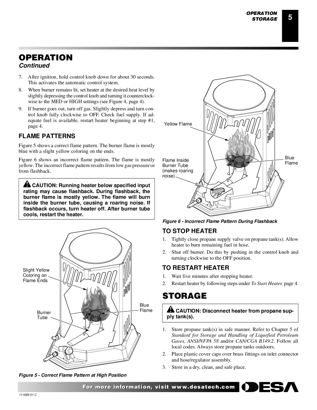 Desa ROPANE CONSTRUCTION CONVECTION HEATER owner manual Storage, Flame Patterns, To Stop Heater, To Restart Heater 
