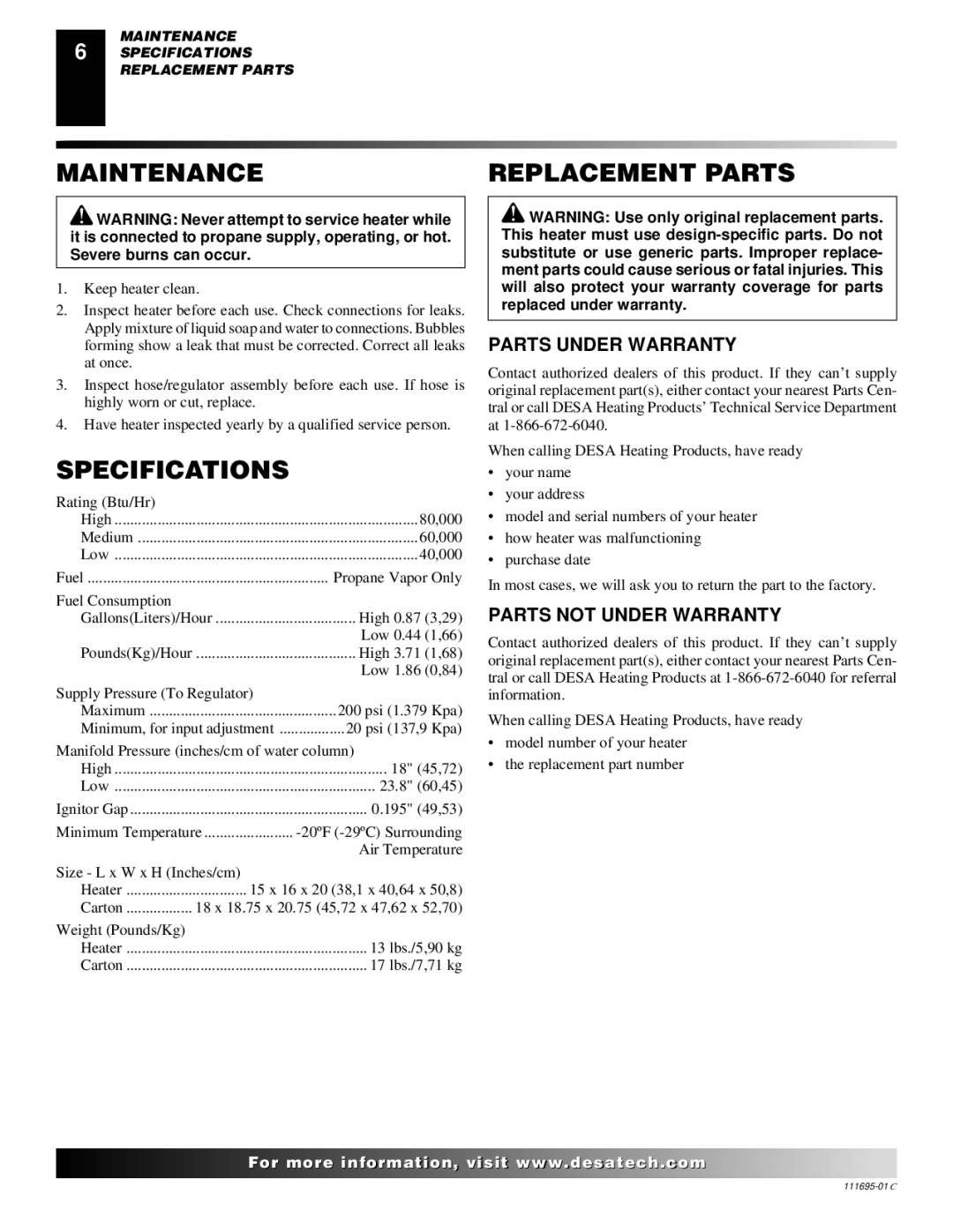 Desa ROPANE CONSTRUCTION CONVECTION HEATER owner manual Maintenance Replacement Parts, Specifications, Parts Under Warranty 