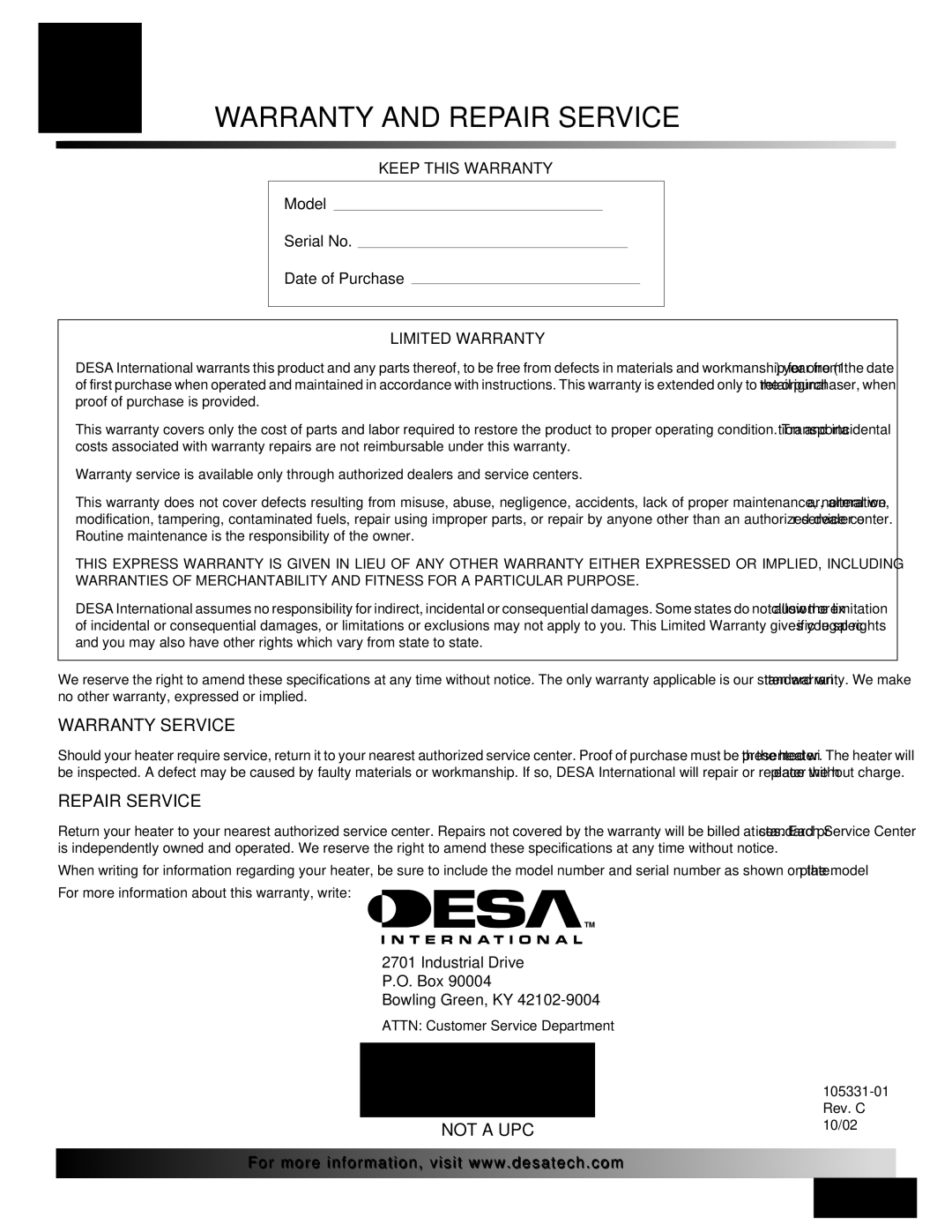 Desa ROPANE CONSTRUCTION HEATER owner manual Warranty and Repair Service 