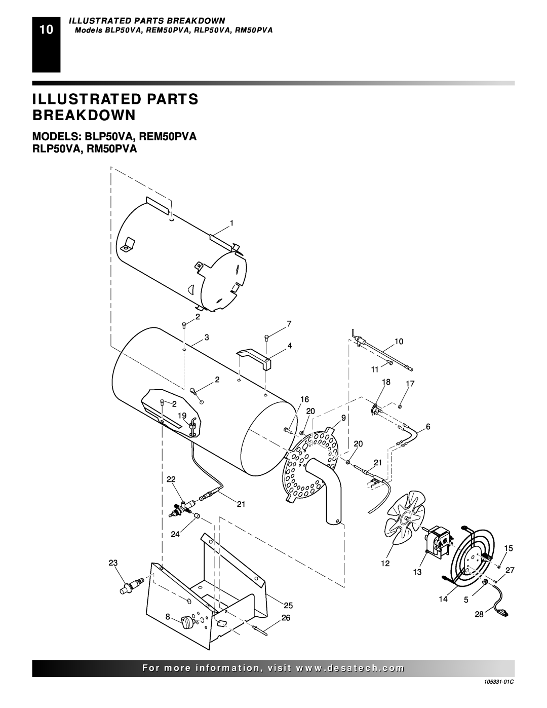 Desa ROPANE CONSTRUCTION HEATER owner manual Illustrated Parts Breakdown, MODELS BLP50VA, REM50PVA RLP50VA, RM50PVA 