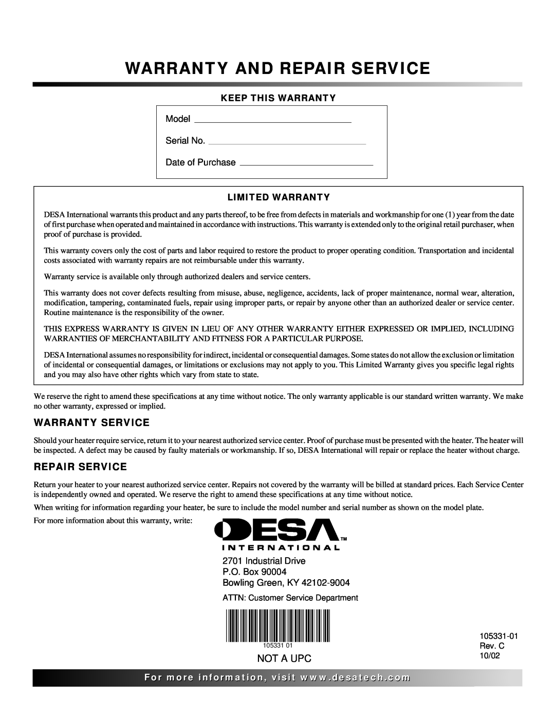 Desa ROPANE CONSTRUCTION HEATER owner manual Warranty And Repair Service, Warranty Service, Not A Upc, Keep This Warranty 