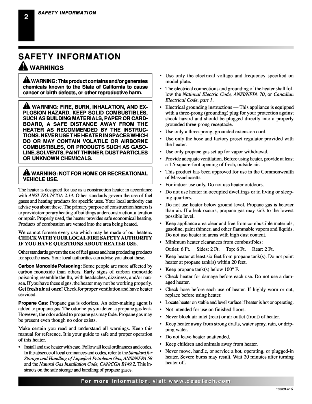 Desa ROPANE CONSTRUCTION HEATER owner manual Safety Information, Warnings, Warning Not For Home Or Recreational Vehicle Use 
