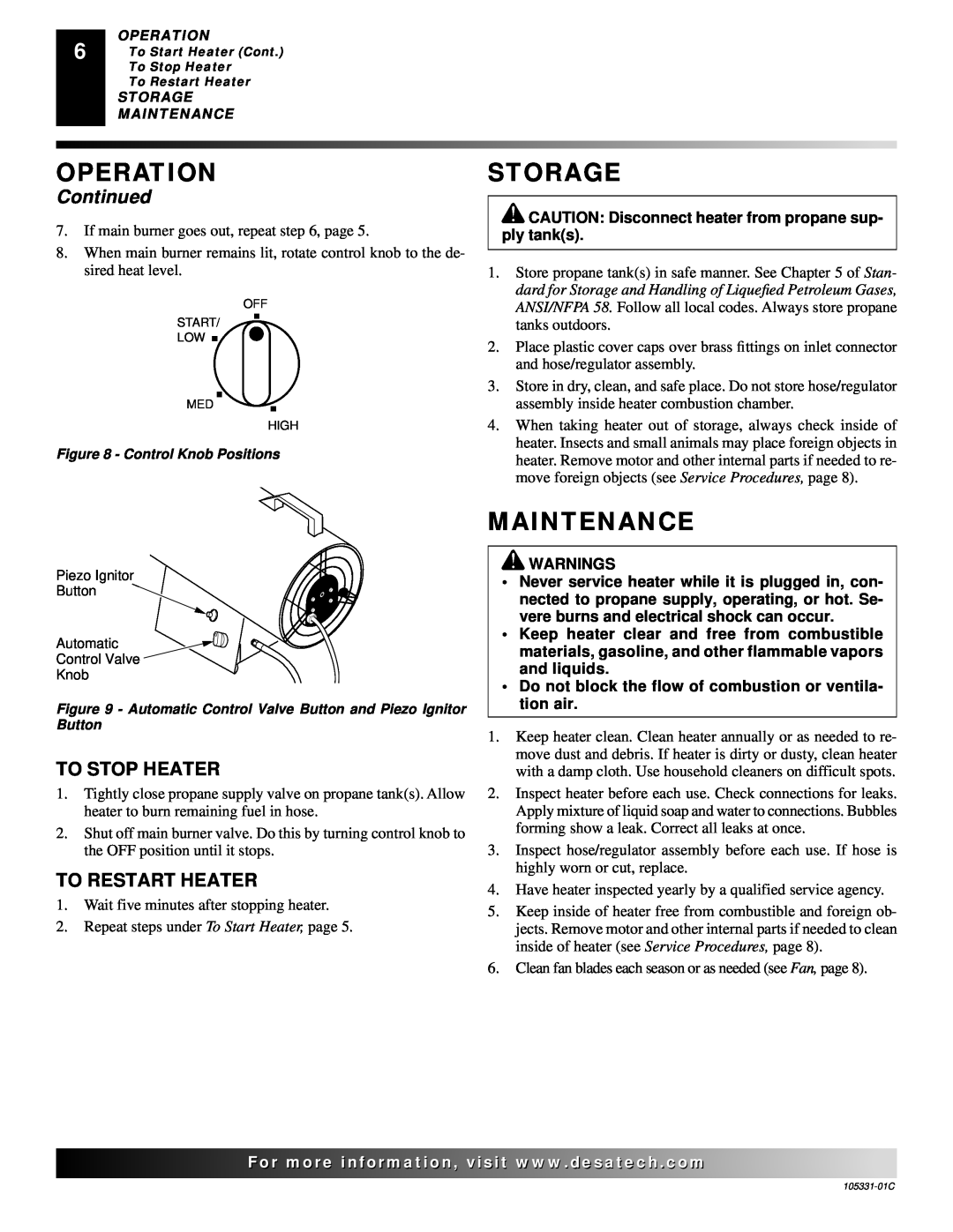Desa ROPANE CONSTRUCTION HEATER owner manual Storage, Maintenance, Operation, Continued, Warnings 