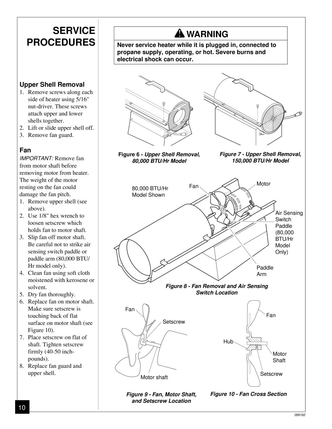 Desa ROPANE CONSTRUCTION HEATERS owner manual Service Procedures, Upper Shell Removal, Fan 