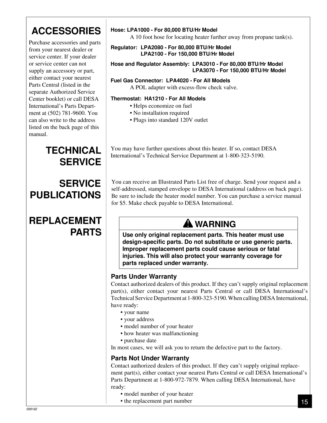 Desa ROPANE CONSTRUCTION HEATERS owner manual Accessories, Technical Service Service Publications Replacement Parts 