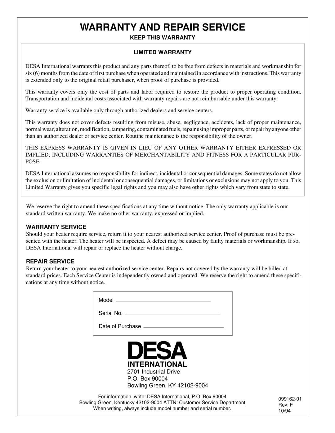 Desa ROPANE CONSTRUCTION HEATERS owner manual Warranty and Repair Service, Keep this Warranty Limited Warranty 