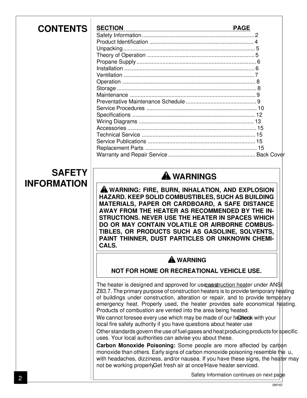 Desa ROPANE CONSTRUCTION HEATERS owner manual Contents Safety Information 