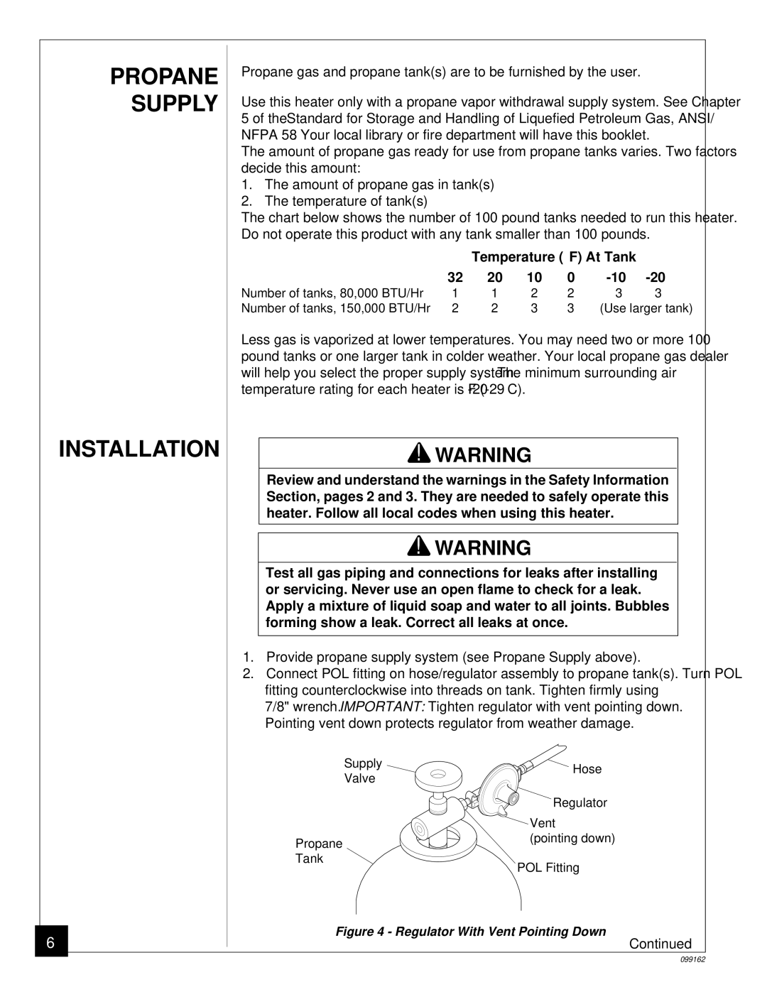 Desa ROPANE CONSTRUCTION HEATERS owner manual Propane Supply Installation, Temperature F At Tank 