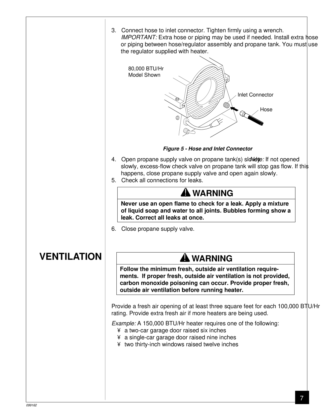 Desa ROPANE CONSTRUCTION HEATERS owner manual Ventilation, Hose and Inlet Connector 