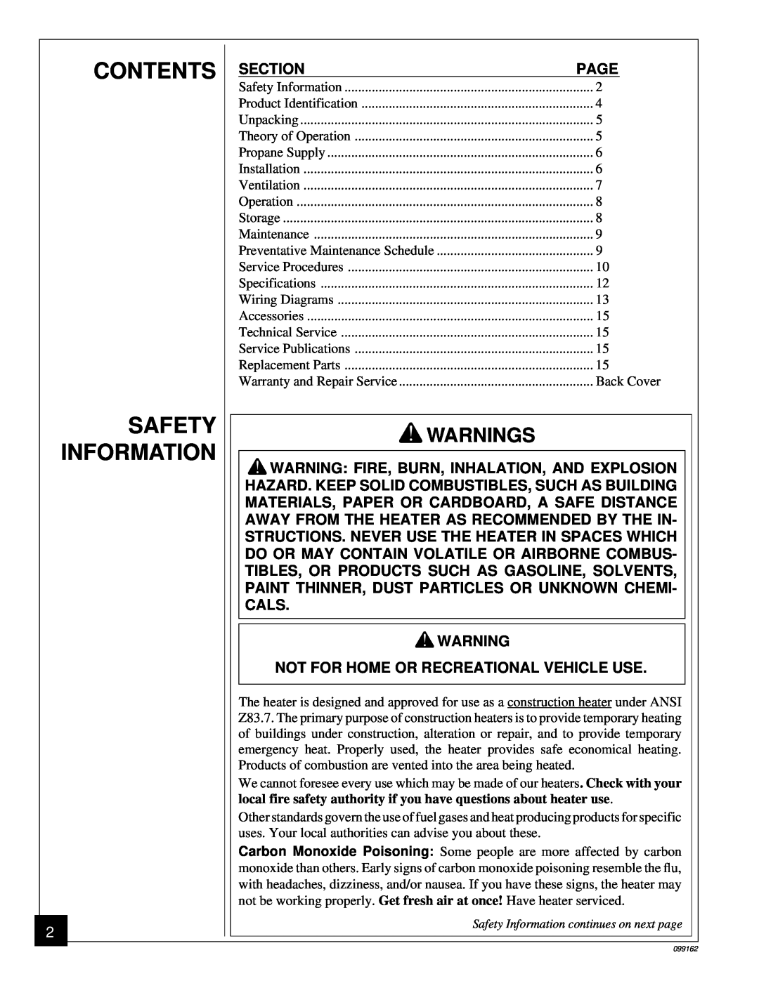 Desa ROPANE CONSTRUCTION HEATERS owner manual Contents Safety Information, Warnings 