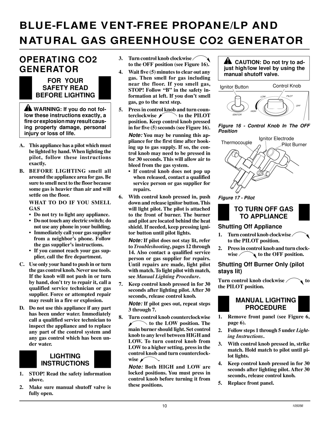 Desa RP30E-CAN, RN30E-CAN Operating CO2 Generator, For Your Safety Read Before Lighting, Lighting Instructions 