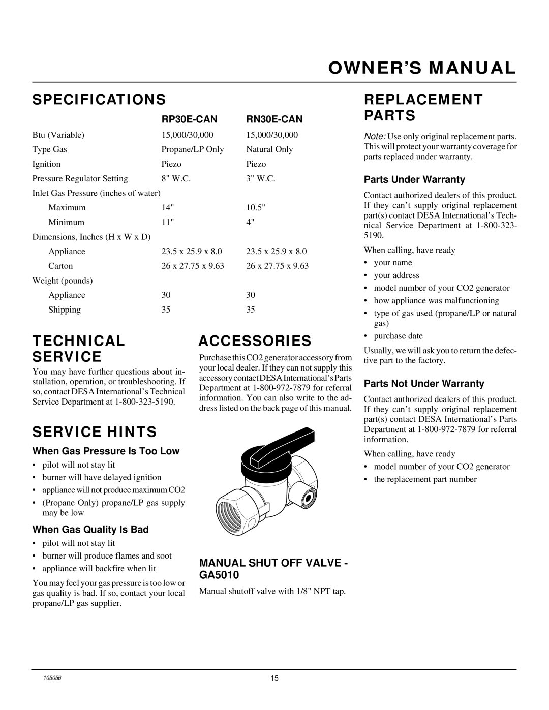 Desa RN30E-CAN, RP30E-CAN Specifications, Replacement Parts, Technical Service, Accessories, Service Hints 