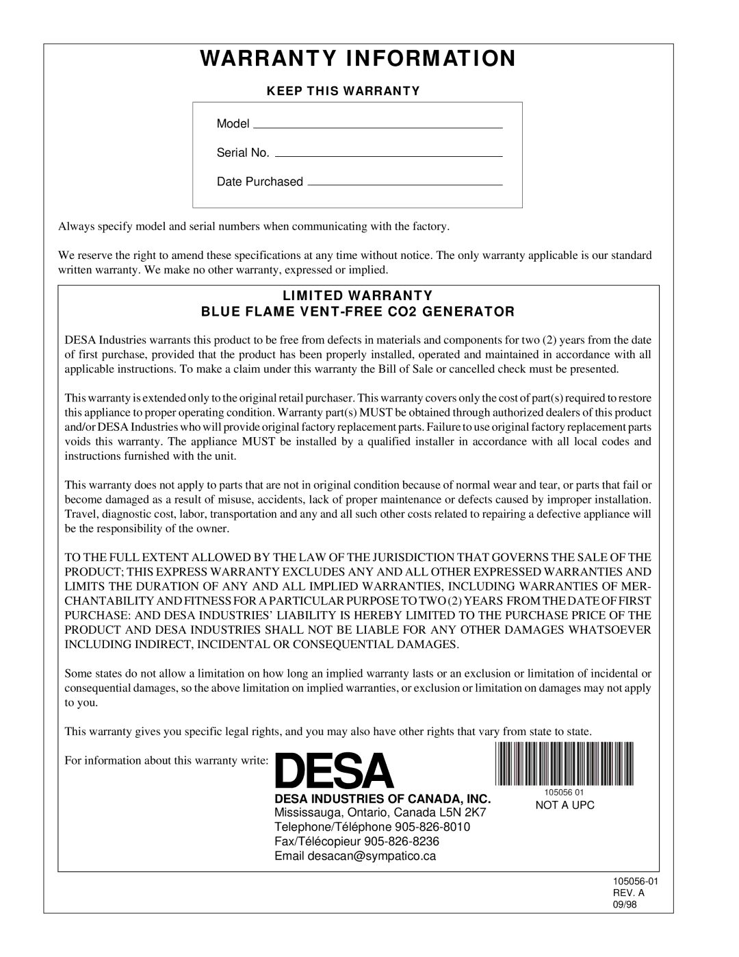 Desa RP30E-CAN, RN30E-CAN installation manual Warranty Information, Limited Warranty Blue Flame VENT-FREE CO2 Generator 