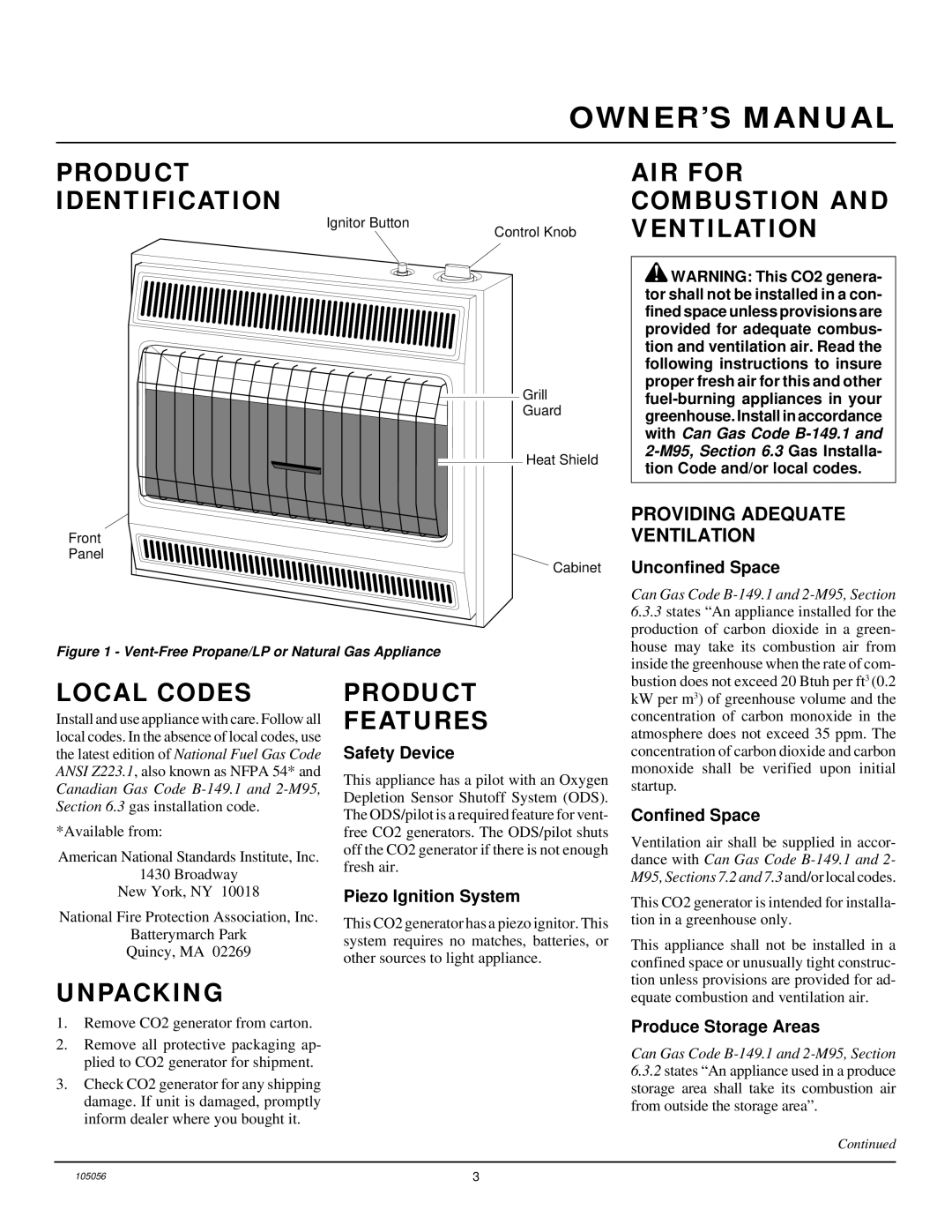 Desa RN30E-CAN Product Identification, AIR for Combustion and Ventilation, Local Codes, Product Features, Unpacking 