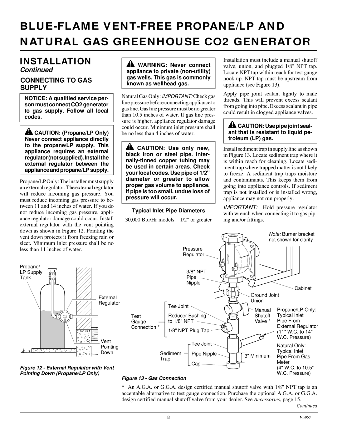 Desa RP30E-CAN, RN30E-CAN installation manual Connecting to GAS Supply, Typical Inlet Pipe Diameters 