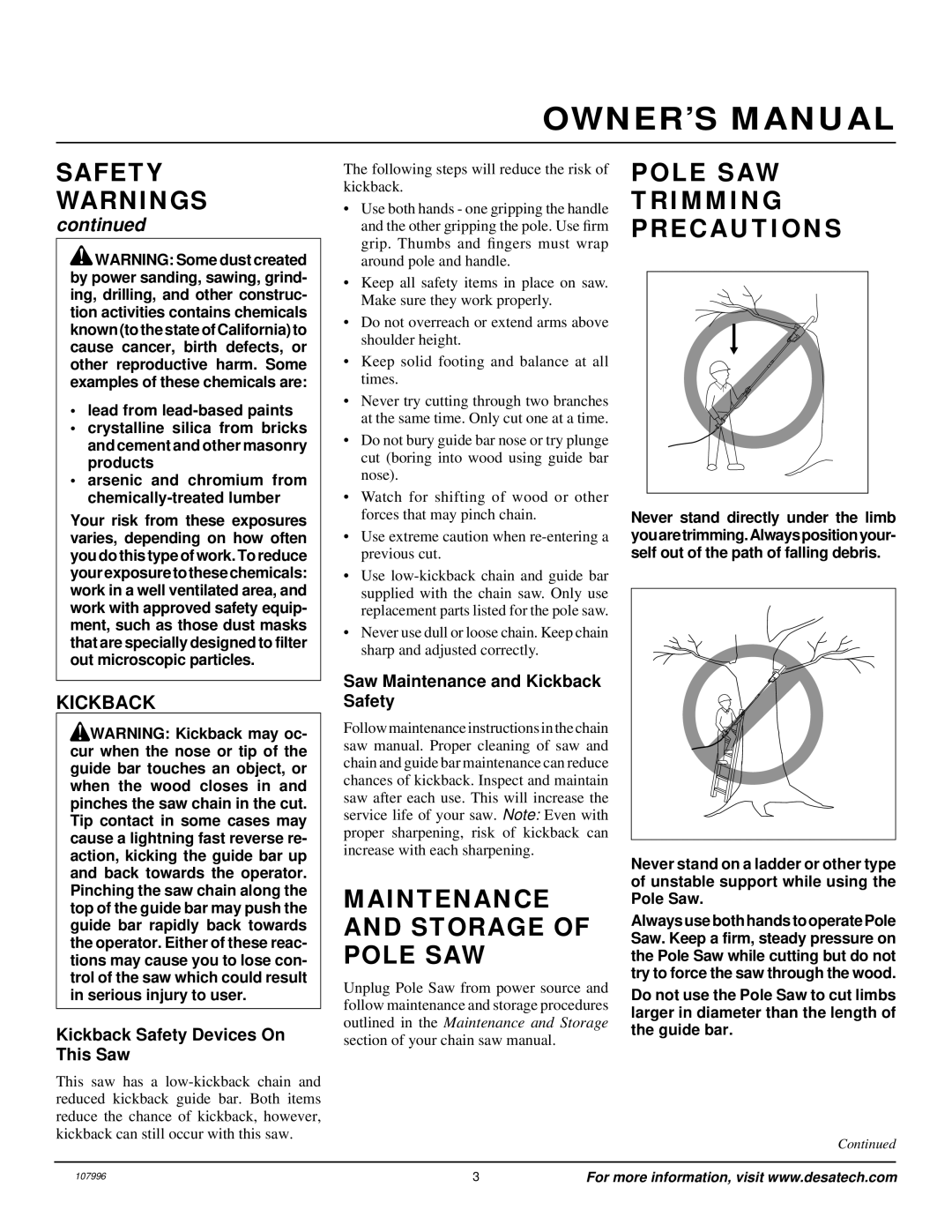 Desa RPS 96 owner manual Maintenance and Storage of Pole SAW, Pole SAW Trimming Precautions, Kickback 