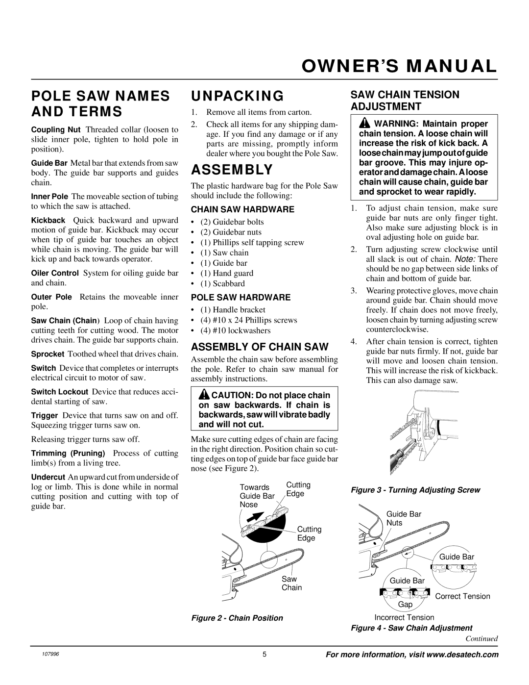 Desa RPS 96 owner manual Pole SAW Names and Terms, Unpacking, Assembly of Chain SAW, SAW Chain Tension Adjustment 