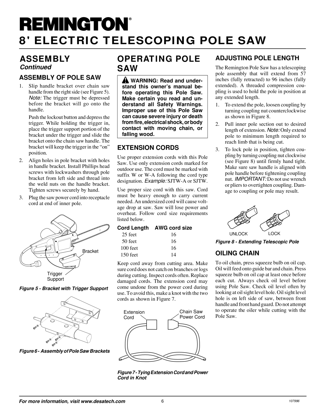 Desa RPS 96 owner manual Operating Pole SAW, Assembly of Pole SAW, Extension Cords, Adjusting Pole Length, Oiling Chain 