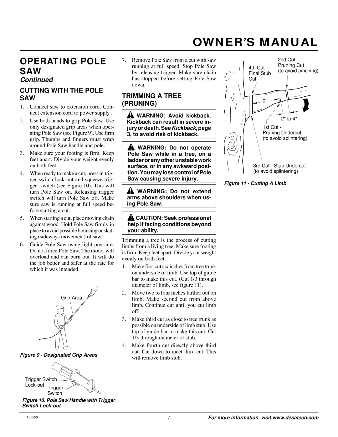 Desa RPS 96 owner manual Cutting with the Pole SAW, Trimming a Tree Pruning 