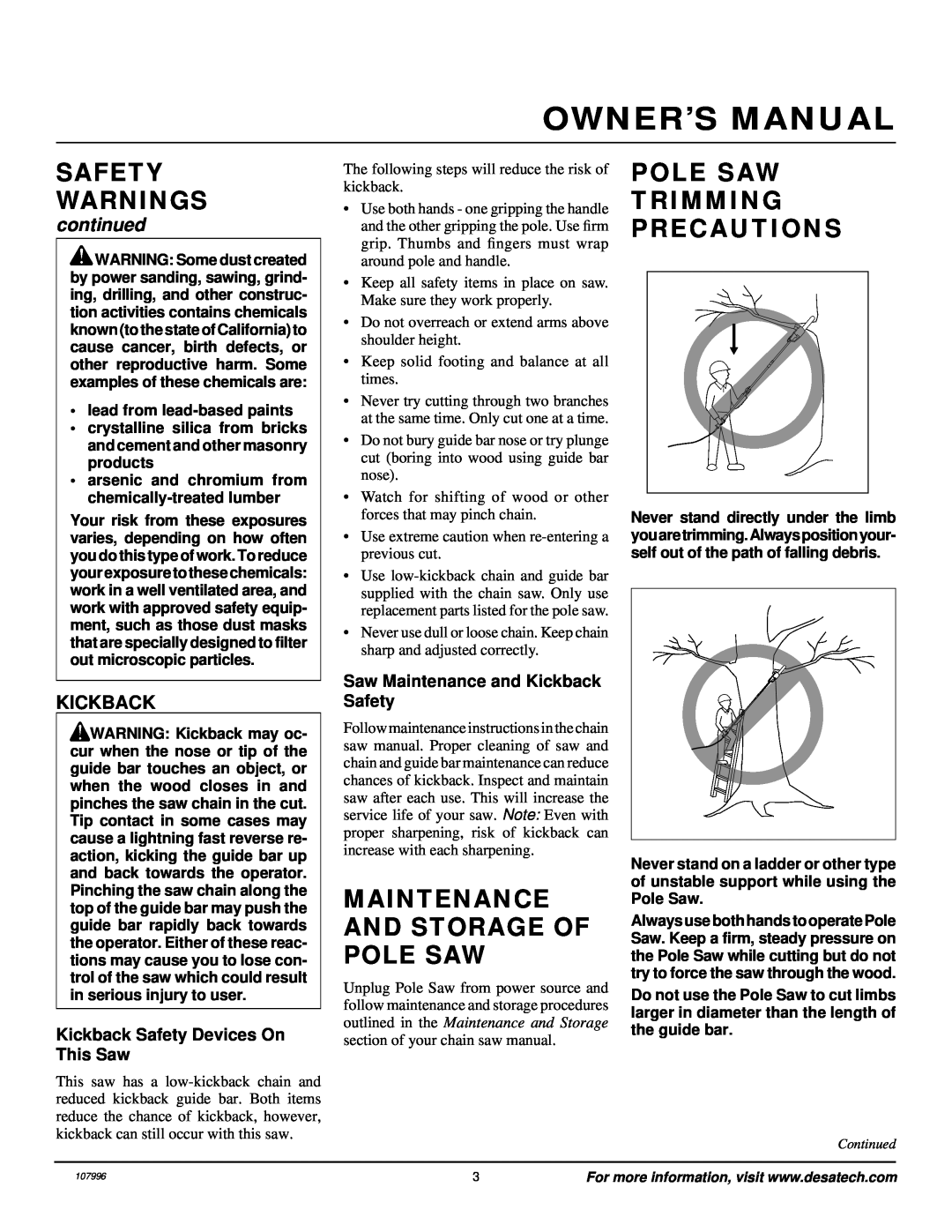 Desa RPS 96 Maintenance And Storage Of Pole Saw, Pole Saw Trimming Precautions, continued, Kickback, Safety Warnings 
