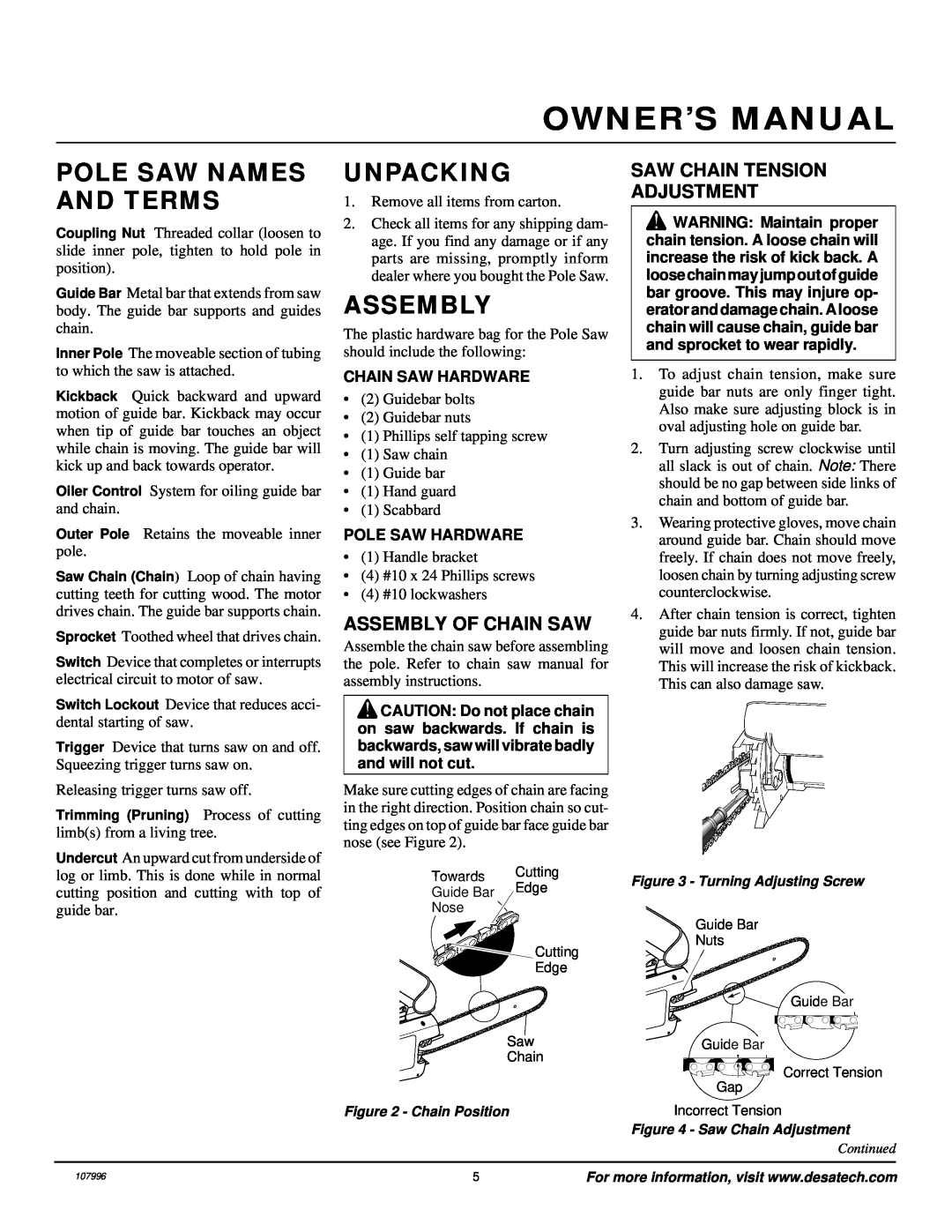 Desa RPS 96 Pole Saw Names And Terms, Unpacking, Assembly Of Chain Saw, Saw Chain Tension Adjustment, Owner’S Manual 