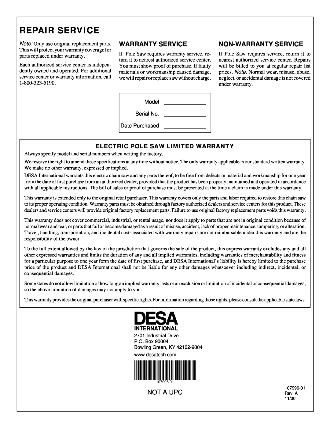 Desa RPS 96 owner manual Repair Service, Non-Warranty Service, Electric Pole Saw Limited Warranty, Not A Upc 