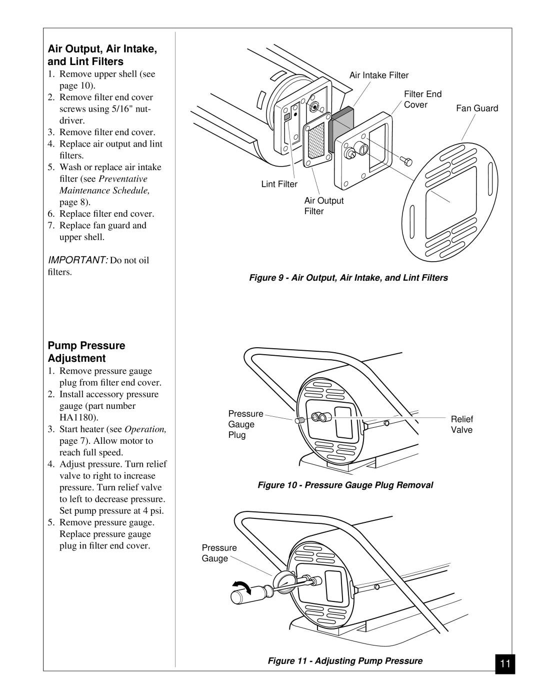 Desa RV125EDI owner manual Air Output, Air Intake, and Lint Filters, Pump Pressure Adjustment 