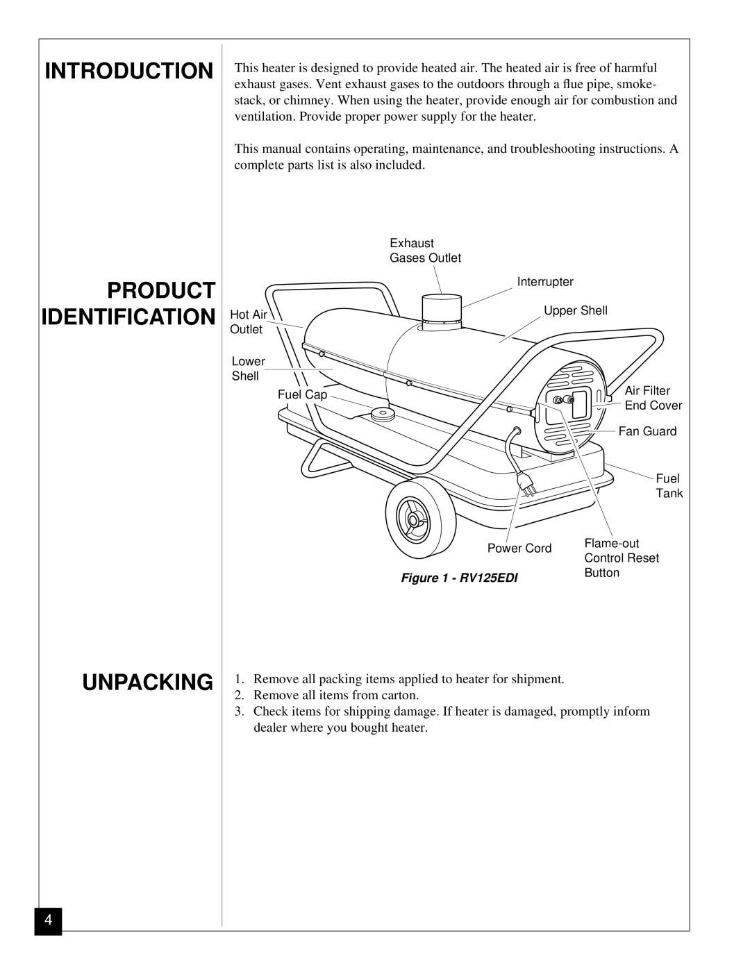 Desa RV125EDI owner manual Introduction, Unpacking 