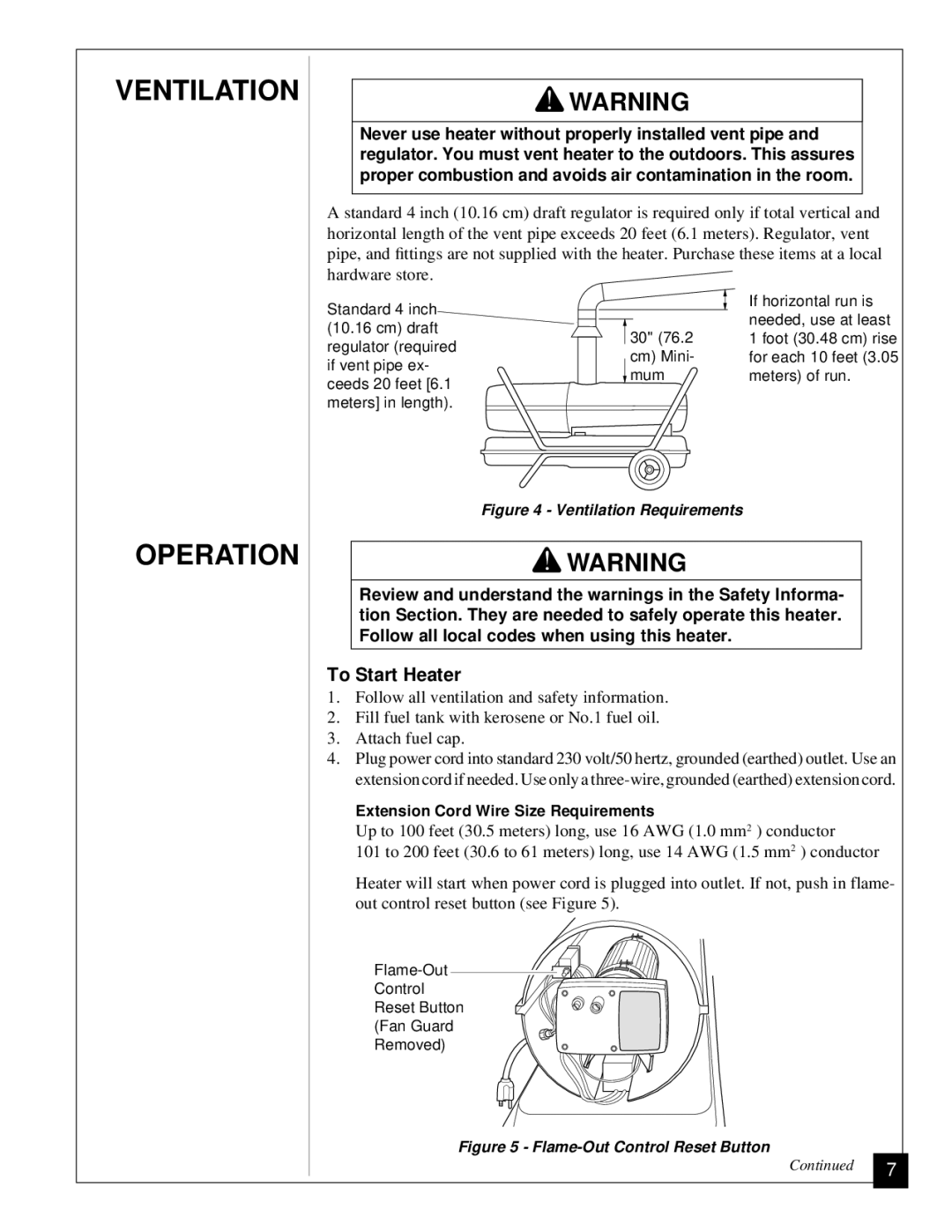 Desa RV125EDI owner manual Ventilation, Operation, To Start Heater 