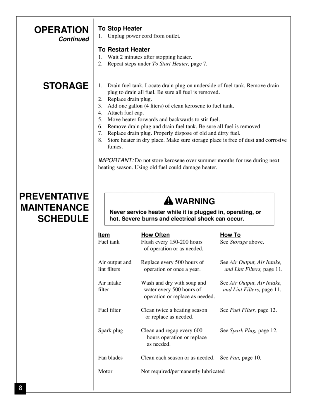 Desa RV125EDI owner manual Operation Storage Preventative Maintenance Schedule, To Stop Heater, To Restart Heater 