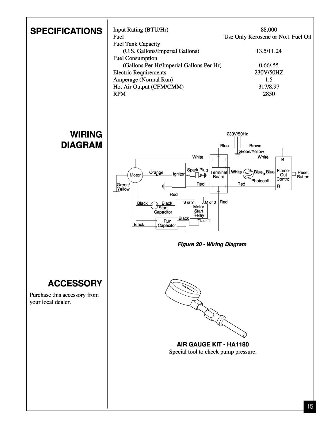 Desa RV125EDI owner manual Specifications Wiring Diagram Accessory, AIR GAUGE KIT - HA1180 