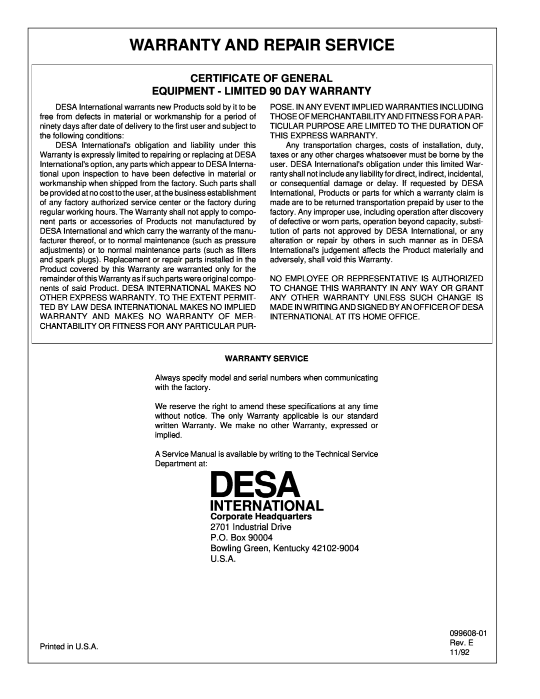 Desa RV125EDI Warranty And Repair Service, International, Certificate Of General, EQUIPMENT - LIMITED 90 DAY WARRANTY 
