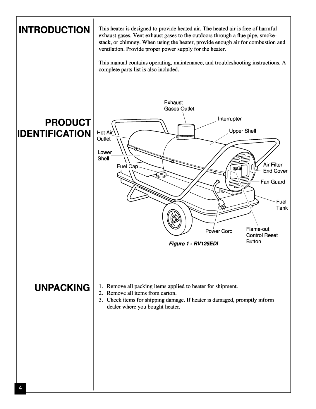 Desa RV125EDI owner manual Introduction, Unpacking, Product Identification 